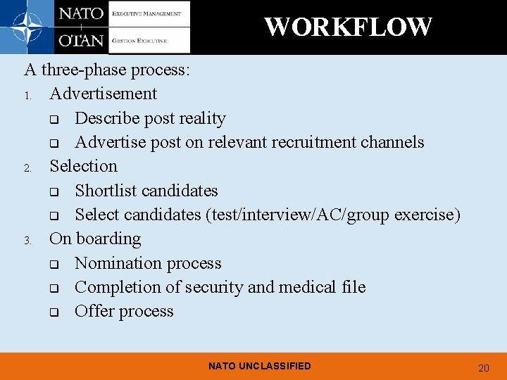 WORKFLOW A three-phase process: 1. Advertisement q Describe post reality q Advertise post on