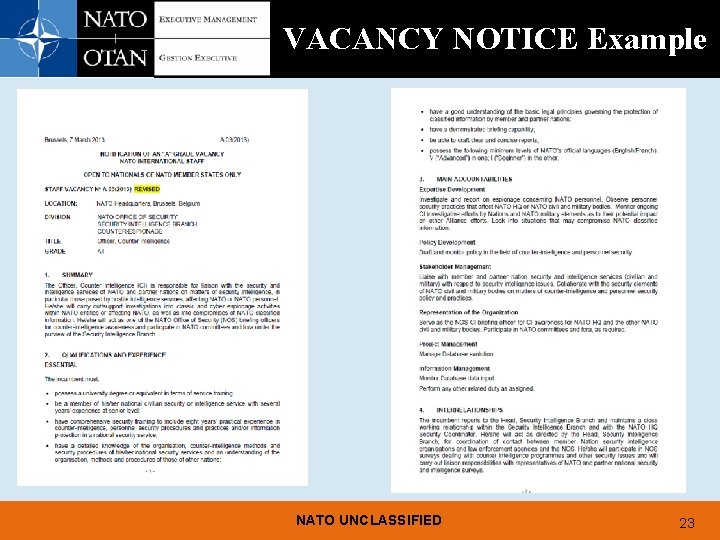 VACANCY NOTICE Example NATO UNCLASSIFIED 23 