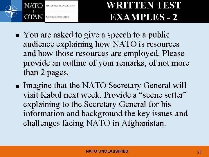 WRITTEN TEST EXAMPLES - 2 n n You are asked to give a speech