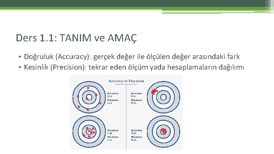 Ders 1. 1: TANIM ve AMAÇ • Doğruluk (Accuracy): gerçek değer ile ölçülen değer Ders 1. 1: TANIM ve AMAÇ • Doğruluk (Accuracy): gerçek değer ile ölçülen değer