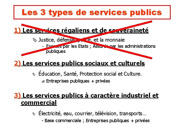 Les 3 types de services publics 1) Les services régaliens et de souveraineté Justice,