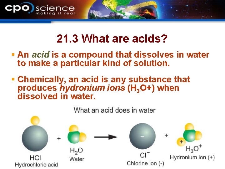 21. 3 What are acids? § An acid is a compound that dissolves in