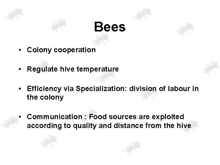 Bees • Colony cooperation • Regulate hive temperature • Efficiency via Specialization: division of