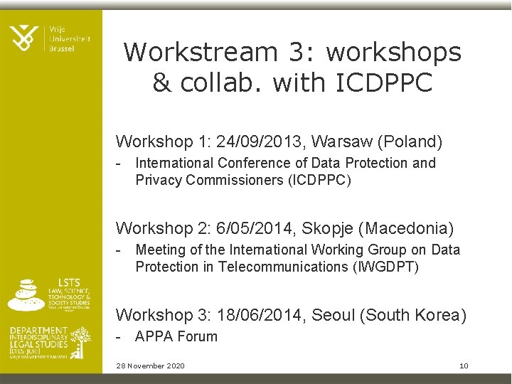 Workstream 3: workshops & collab. with ICDPPC Workshop 1: 24/09/2013, Warsaw (Poland) - International