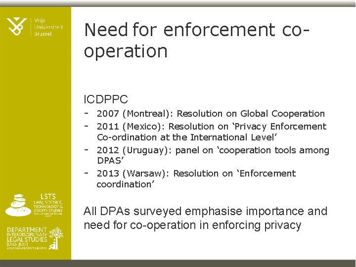 Need for enforcement cooperation ICDPPC - 2007 (Montreal): Resolution on Global Cooperation - 2011