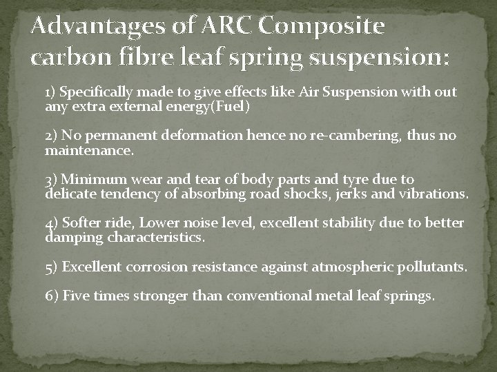 Advantages of ARC Composite carbon fibre leaf spring suspension: 1) Specifically made to give