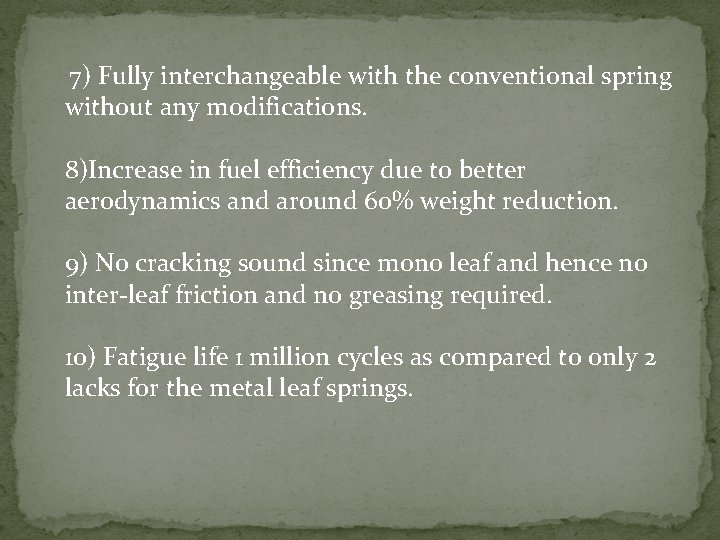 7) Fully interchangeable with the conventional spring without any modifications. 8)Increase in fuel efficiency