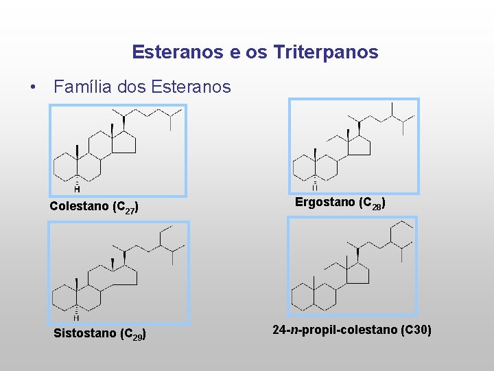 Esteranos e os Triterpanos • Família dos Esteranos Colestano (C 27) Sistostano (C 29)