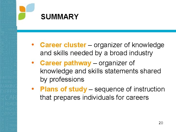 SUMMARY • Career cluster – organizer of knowledge and skills needed by a broad