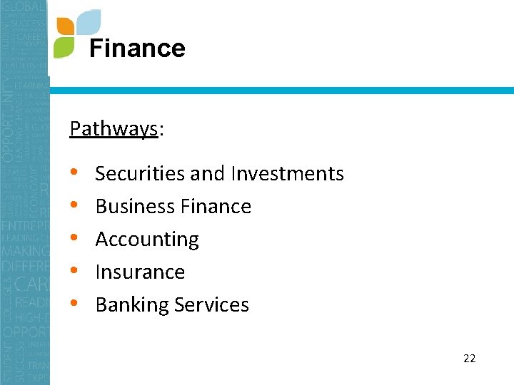 Finance Pathways: • • • Securities and Investments Business Finance Accounting Insurance Banking Services