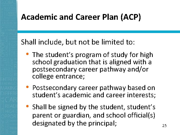 Academic and Career Plan (ACP) Shall include, but not be limited to: • The