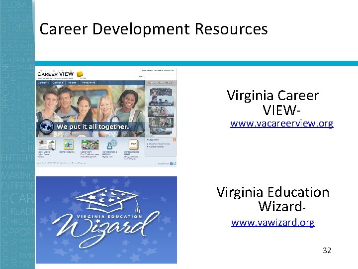Career Development Resources Virginia Career VIEW- www. vacareerview. org Virginia Education Wizardwww. vawizard. org
