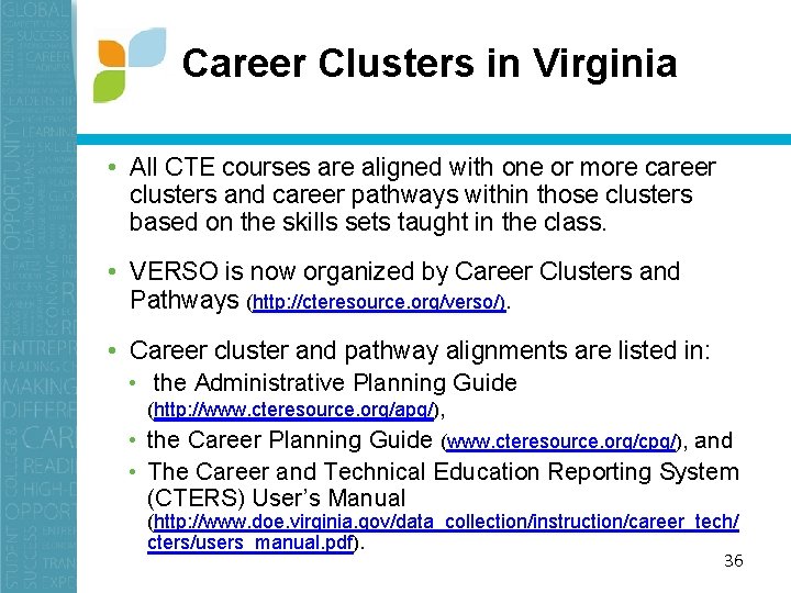 Career Clusters in Virginia • All CTE courses are aligned with one or more