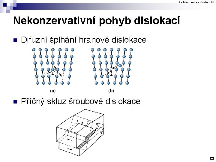 2 - Mechanické vlastnosti I Nekonzervativní pohyb dislokací n Difuzní šplhání hranové dislokace n