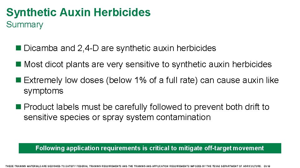 Synthetic Auxin Herbicides Summary Dicamba and 2, 4 -D are synthetic auxin herbicides Most