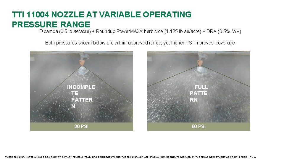 TTI 11004 NOZZLE AT VARIABLE OPERATING PRESSURE RANGE Dicamba (0. 5 lb ae/acre) +