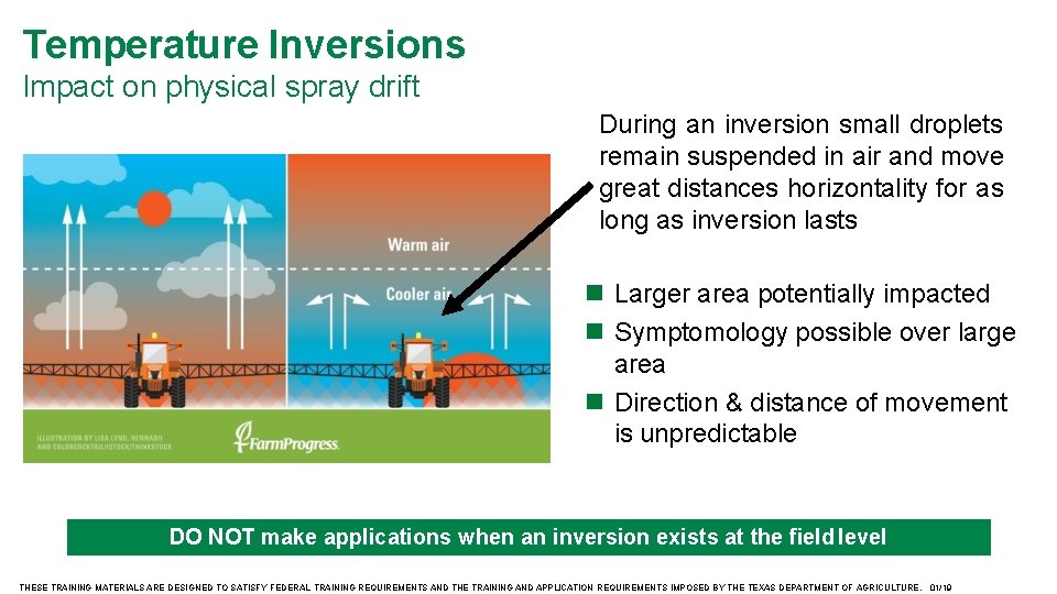 Temperature Inversions Impact on physical spray drift During an inversion small droplets remain suspended