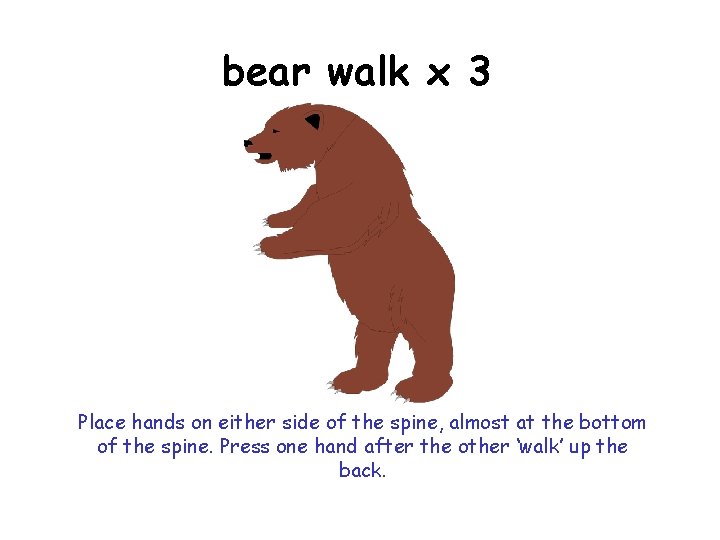bear walk x 3 Place hands on either side of the spine, almost at