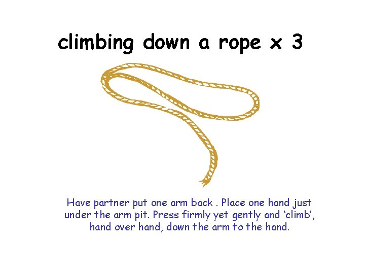 climbing down a rope x 3 Have partner put one arm back. Place one