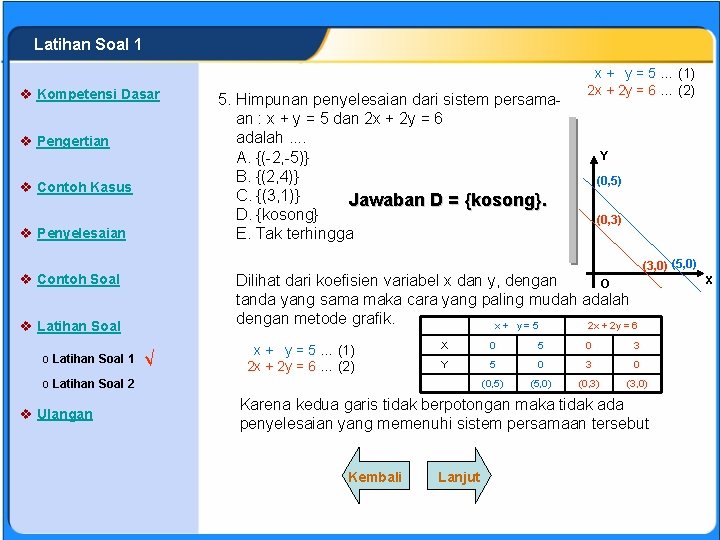 SISTEM PERSAMAAN LINEAR Latihan Soal 1 v Kompetensi Dasar v Pengertian v Contoh Kasus