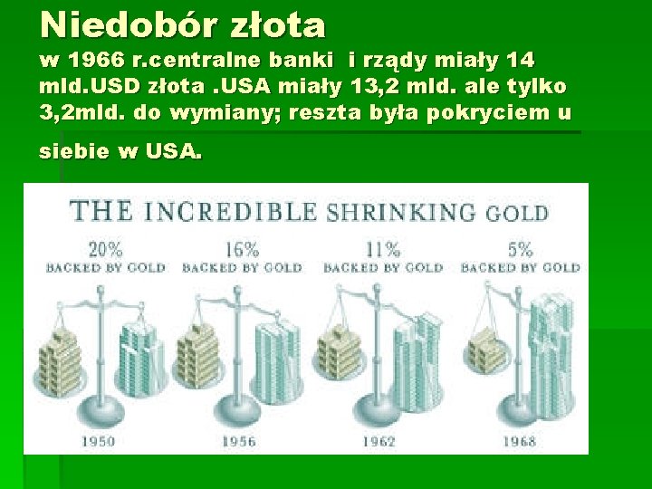 Niedobór złota w 1966 r. centralne banki i rządy miały 14 mld. USD złota.