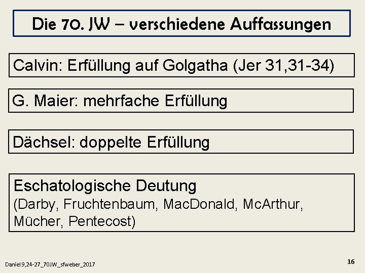 Die 70. JW – verschiedene Auffassungen Calvin: Erfüllung auf Golgatha (Jer 31, 31 -34)