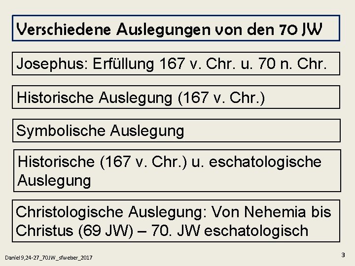 Verschiedene Auslegungen von den 70 JW Josephus: Erfüllung 167 v. Chr. u. 70 n.