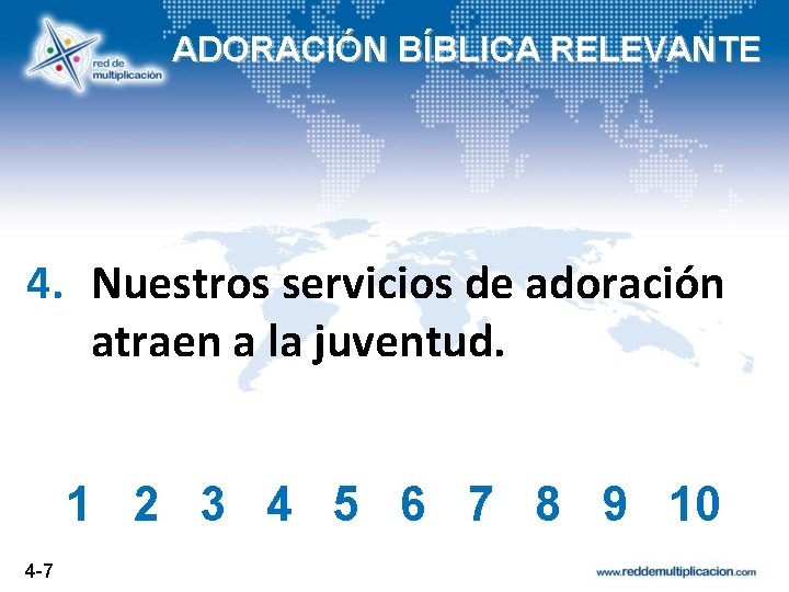 ADORACIÓN BÍBLICA RELEVANTE 4. Nuestros servicios de adoración atraen a la juventud. 1 2