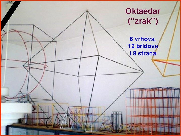 Oktaedar (’’zrak’’) 6 vrhova, 12 bridova i 8 strana Oktaedar (’’zrak’’) 6 vrhova, 12 bridova i 8 strana