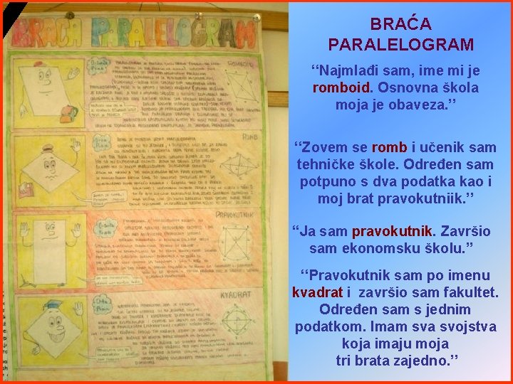 BRAĆA PARALELOGRAM ‘‘Najmlađi sam, ime mi je romboid. Osnovna škola moja je obaveza. ’’ BRAĆA PARALELOGRAM ‘‘Najmlađi sam, ime mi je romboid. Osnovna škola moja je obaveza. ’’