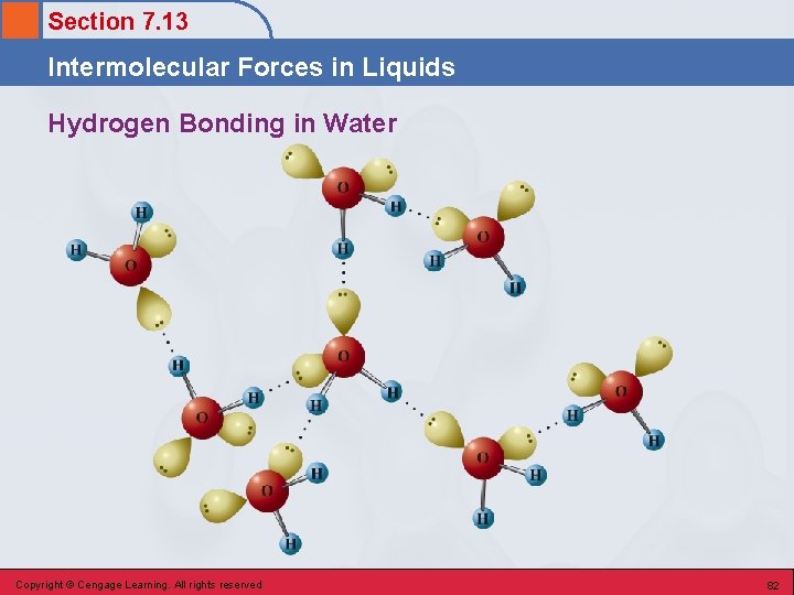 Section 7. 13 Intermolecular Forces in Liquids Hydrogen Bonding in Water Copyright © Cengage Section 7. 13 Intermolecular Forces in Liquids Hydrogen Bonding in Water Copyright © Cengage
