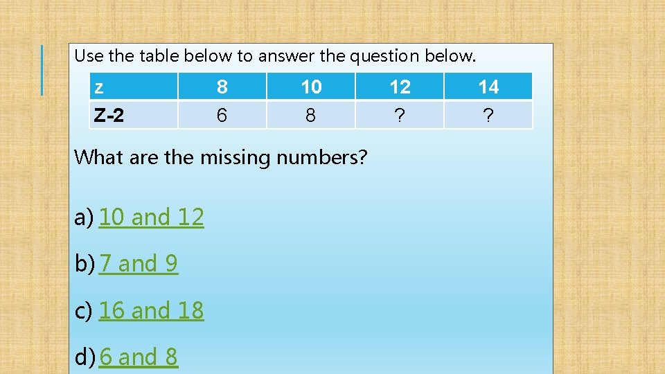 Use the table below to answer the question below. z Z-2 8 6 10