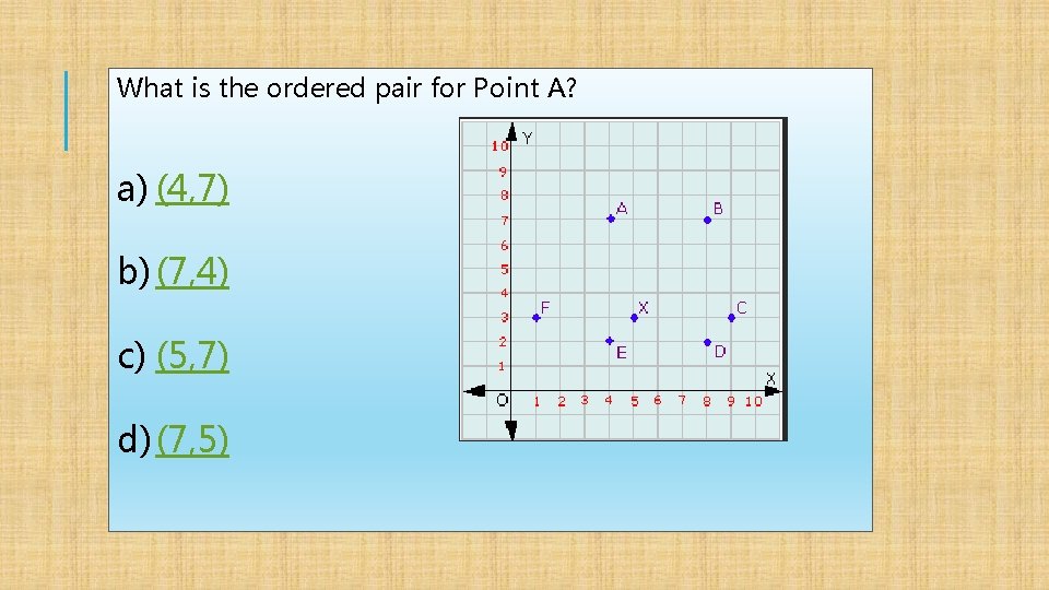 What is the ordered pair for Point A? a) (4, 7) b) (7, 4)