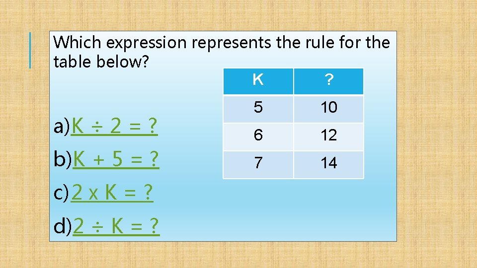 Which expression represents the rule for the table below? K ? a)K ÷ 2