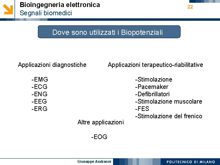 Bioingegneria elettronica Segnali biomedici 22 Dove sono utilizzati i Biopotenziali Applicazioni diagnostiche Applicazioni terapeutico-riabilitative