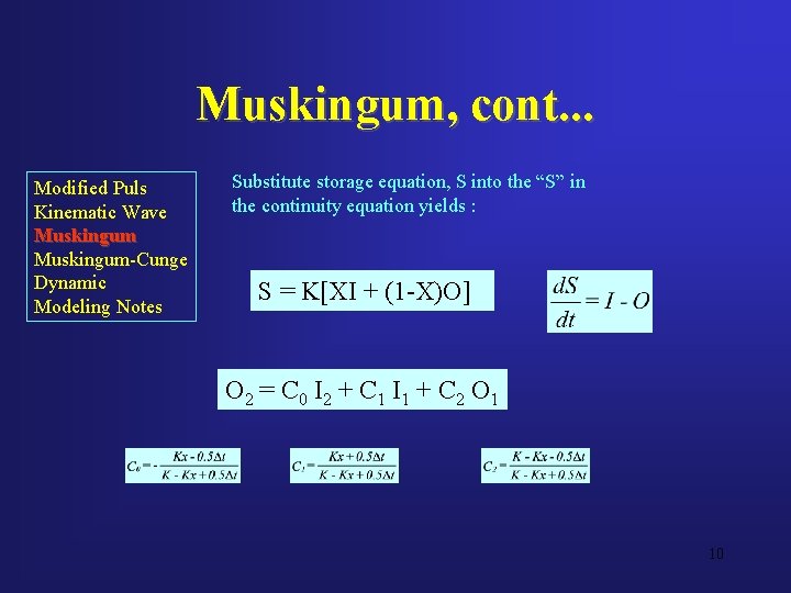 Muskingum, cont. . . Modified Puls Kinematic Wave Muskingum-Cunge Dynamic Modeling Notes Substitute storage