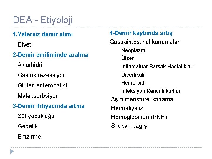 DEA - Etiyoloji 1. Yetersiz demir alımı Diyet 2 -Demir emiliminde azalma 4 -Demir