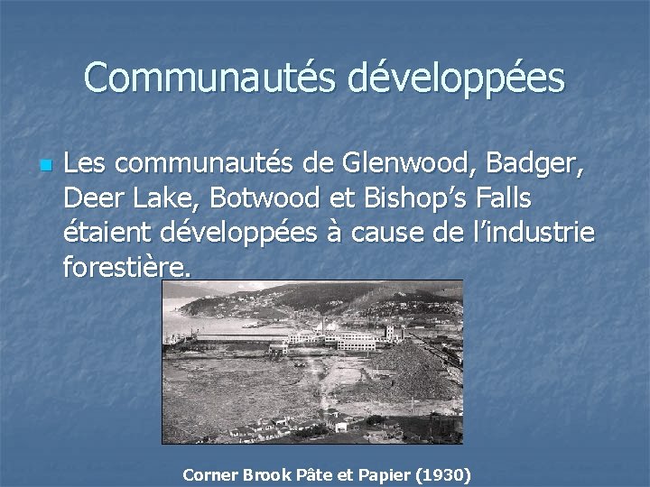 Communautés développées n Les communautés de Glenwood, Badger, Deer Lake, Botwood et Bishop’s Falls