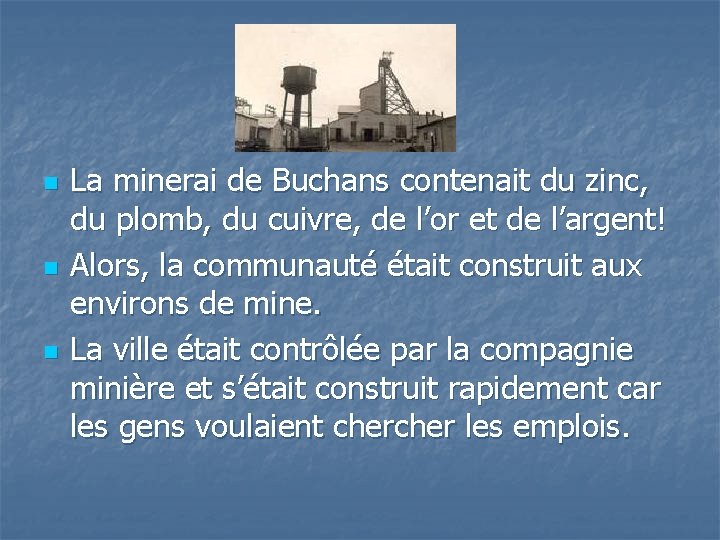 n n n La minerai de Buchans contenait du zinc, du plomb, du cuivre,