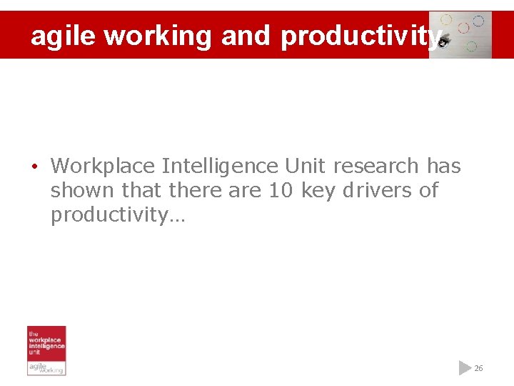 agile working and productivity • Workplace Intelligence Unit research has shown that there are