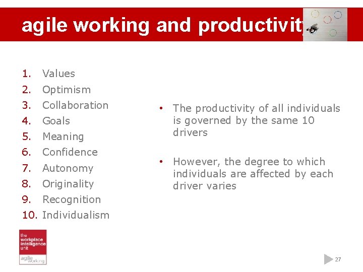 agile working and productivity 1. Values 2. Optimism 3. Collaboration 4. Goals 5. Meaning