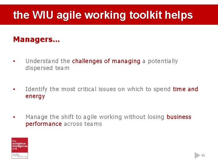 the WIU agile working toolkit helps Managers… • Understand the challenges of managing a