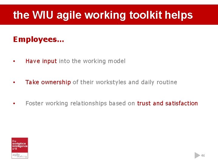 the WIU agile working toolkit helps Employees… • Have input into the working model