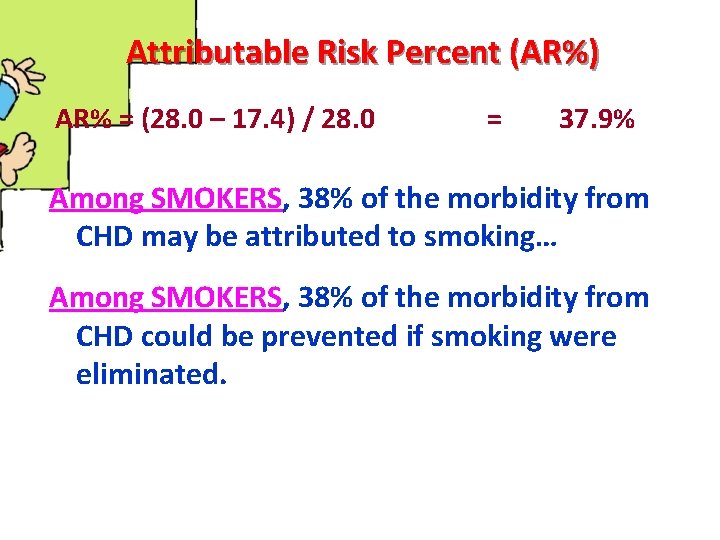 Attributable Risk Percent (AR%) AR% = (28. 0 – 17. 4) / 28. 0
