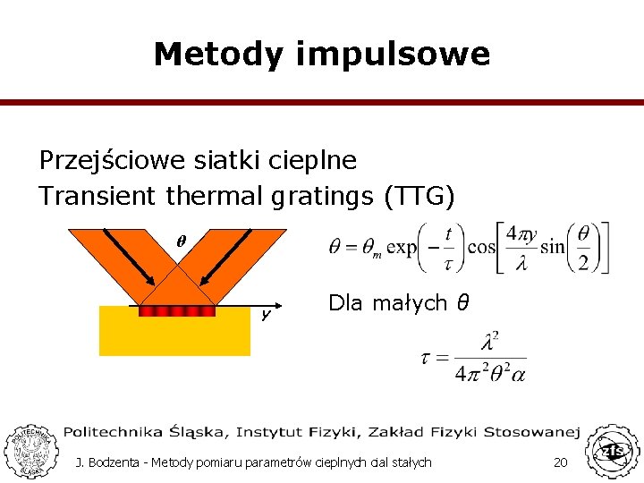 Metody impulsowe Przejściowe siatki cieplne Transient thermal gratings (TTG) θ y Dla małych θ