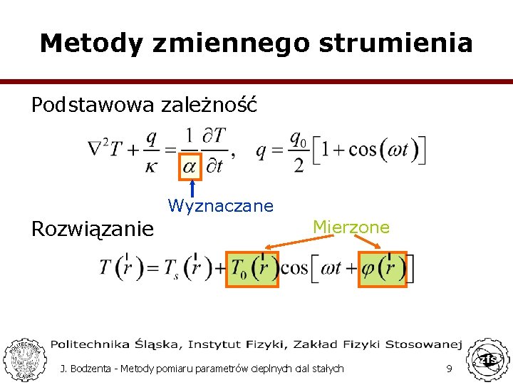 Metody zmiennego strumienia Podstawowa zależność Wyznaczane Rozwiązanie Mierzone J. Bodzenta - Metody pomiaru parametrów
