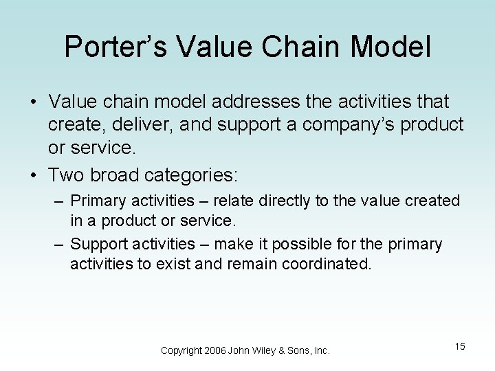 Porter’s Value Chain Model • Value chain model addresses the activities that create, deliver,