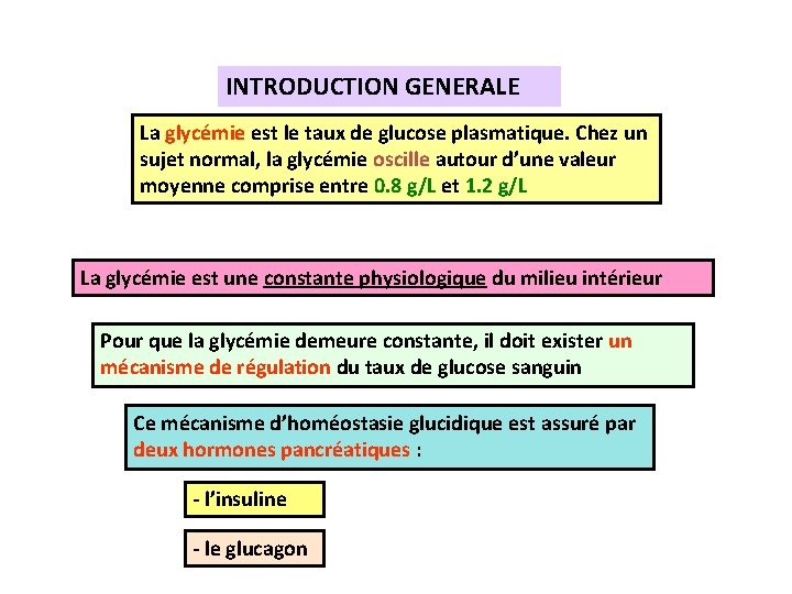 INTRODUCTION GENERALE La glycémie est le taux de glucose plasmatique. Chez un sujet normal,