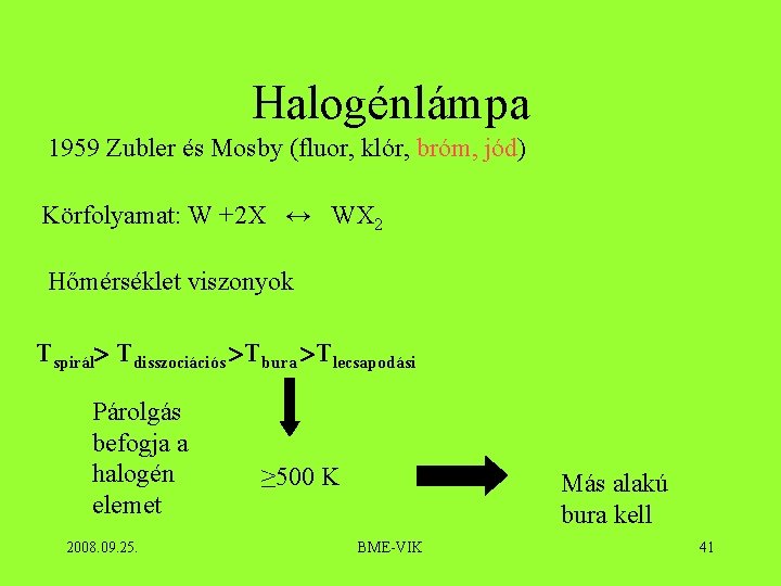 Halogénlámpa 1959 Zubler és Mosby (fluor, klór, bróm, jód) Körfolyamat: W +2 X ↔