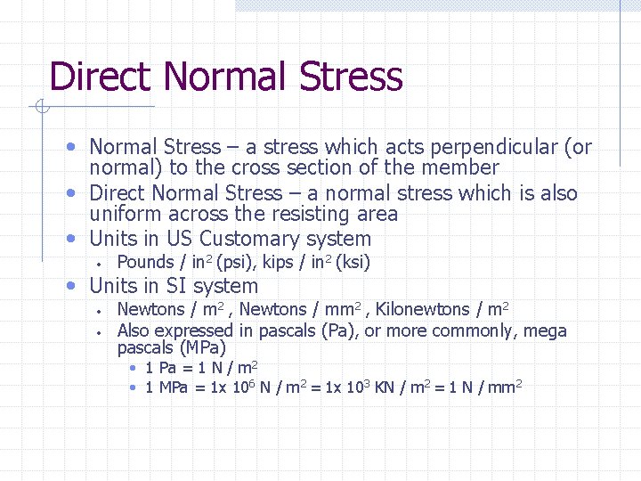 Direct Normal Stress • Normal Stress – a stress which acts perpendicular (or normal) Direct Normal Stress • Normal Stress – a stress which acts perpendicular (or normal)